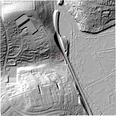 Shaded relief map of the ground around DT49UJ, computed from Environment Agency LiDAR. The ground here sits at about 5 m above sea level and falls 36 m across the surrounding 800 m. Surface water reaching this point runs off ground lying to the north-west, 34.1 m higher.