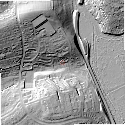 Shaded relief map of the ground around DT49UL, computed from Environment Agency LiDAR. The ground here sits at about 5 m above sea level and falls 36 m across the surrounding 800 m. Surface water reaching this point runs off ground lying to the north-west, 33.2 m higher.