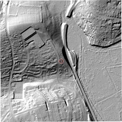 Shaded relief map of the ground around DT49UP, computed from Environment Agency LiDAR. The ground here sits at about 14 m above sea level and falls 36 m across the surrounding 800 m. Surface water reaching this point runs off ground lying to the north-west, 17.3 m higher.