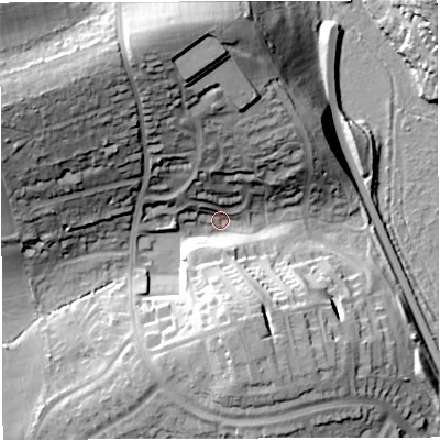 Shaded relief map of the ground around DT49UW, computed from Environment Agency LiDAR. The ground here sits at about 4 m above sea level and falls 37 m across the surrounding 800 m. Surface water reaching this point runs off ground lying to the north-north-west, 34.1 m higher.