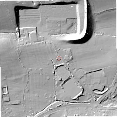 Shaded relief map of the ground around DT49XH, computed from Environment Agency LiDAR. The ground here sits at about 13 m above sea level and falls 36 m across the surrounding 800 m. Surface water reaching this point runs off ground lying to the north-north-west, 3.8 m higher.