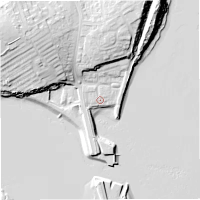 Shaded relief map of the ground around DT49XS, computed from Environment Agency LiDAR. The ground here sits at about 4 m above sea level and falls 23 m across the surrounding 800 m. Surface water reaching this point runs off ground lying to the north-west, 17.2 m higher.