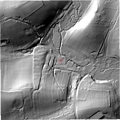 Shaded relief map of the ground around DT49XX, computed from Environment Agency LiDAR. The ground here sits at about 4 m above sea level and falls 46 m across the surrounding 800 m. Surface water reaching this point runs off ground lying to the south-south-west, 36.9 m higher.