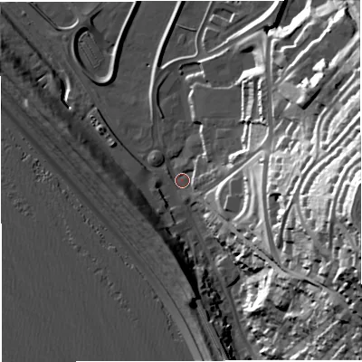 Shaded relief map of the ground around DT51AL, computed from Environment Agency LiDAR. The ground here sits at about 3 m above sea level and falls 61 m across the surrounding 800 m. Surface water reaching this point runs off ground lying to the east-south-east, 56.7 m higher.