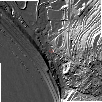 Shaded relief map of the ground around DT51AN, computed from Environment Agency LiDAR. The ground here sits at about 4 m above sea level and falls 67 m across the surrounding 800 m. Surface water reaching this point runs off ground lying to the east-south-east, 54.4 m higher.