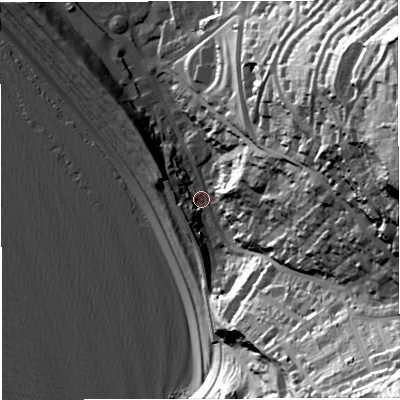 Shaded relief map of the ground around DT51AR, computed from Environment Agency LiDAR. The ground here sits at about 6 m above sea level and falls 80 m across the surrounding 800 m. Surface water reaching this point runs off ground lying to the south-east, 73.4 m higher.