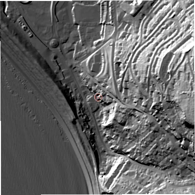 Shaded relief map of the ground around DT51AS, computed from Environment Agency LiDAR. The ground here sits at about 10 m above sea level and falls 81 m across the surrounding 800 m. Surface water reaching this point runs off ground lying to the north-east, 10.3 m higher.