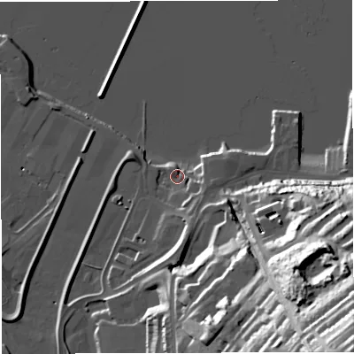 Shaded relief map of the ground around DT51AZ, computed from Environment Agency LiDAR. The ground here sits at about 3 m above sea level and falls 69 m across the surrounding 800 m. Surface water reaching this point runs off ground lying to the south, 9.7 m higher.