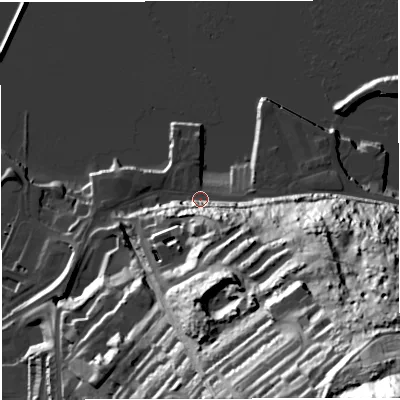 Shaded relief map of the ground around DT51BD, computed from Environment Agency LiDAR. The ground here sits at about 3 m above sea level and falls 120 m across the surrounding 800 m. Surface water reaching this point runs off ground lying to the south-east, 23.9 m higher.