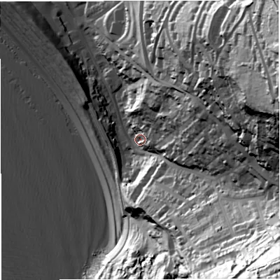 Shaded relief map of the ground around DT51BG, computed from Environment Agency LiDAR. The ground here sits at about 10 m above sea level and falls 111 m across the surrounding 800 m. Surface water reaching this point runs off ground lying to the east-north-east, 81.6 m higher.