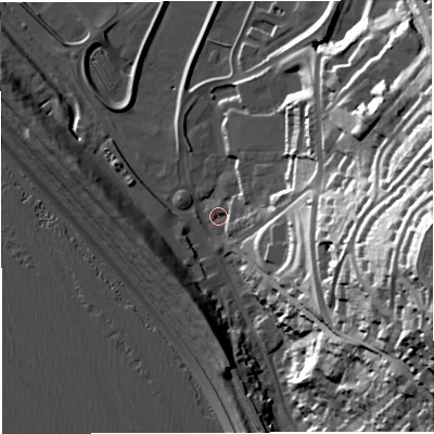 Shaded relief map of the ground around DT51BJ, computed from Environment Agency LiDAR. The ground here sits at about 3 m above sea level and falls 61 m across the surrounding 800 m. Surface water reaching this point runs off ground lying to the east-south-east, 57.2 m higher.