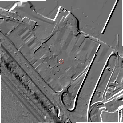 Shaded relief map of the ground around DT51BL, computed from Environment Agency LiDAR. The ground here sits at about 3 m above sea level and falls 16 m across the surrounding 800 m. Surface water reaching this point runs off ground lying to the west-south-west, 1.5 m higher.