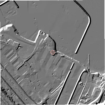 Shaded relief map of the ground around DT51DX, computed from Environment Agency LiDAR. The ground here sits at about 3 m above sea level and falls 18 m across the surrounding 800 m. Surface water reaching this point runs off ground lying to the south, 3.1 m higher.