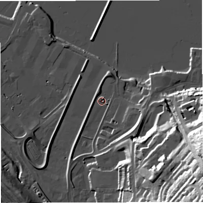 Shaded relief map of the ground around DT51FA, computed from Environment Agency LiDAR. The ground here sits at about 2 m above sea level and falls 56 m across the surrounding 800 m. Surface water reaching this point runs off ground lying to the south-east, 42.9 m higher.
