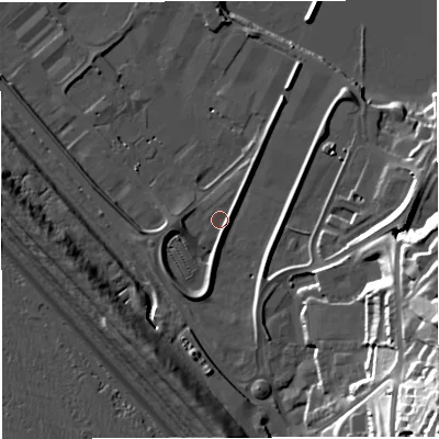 Shaded relief map of the ground around DT51FD, computed from Environment Agency LiDAR. The ground here sits at about 3 m above sea level and falls 39 m across the surrounding 800 m. Surface water reaching this point runs off ground lying to the south-south-west, 4.4 m higher.