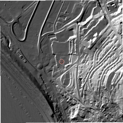 Shaded relief map of the ground around DT51FH, computed from Environment Agency LiDAR. The ground here sits at about 7 m above sea level and falls 74 m across the surrounding 800 m. Surface water reaching this point runs off ground lying to the east, 10.3 m higher.