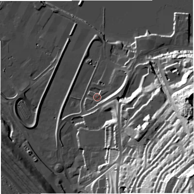Shaded relief map of the ground around DT51FT, computed from Environment Agency LiDAR. The ground here sits at about 4 m above sea level and falls 77 m across the surrounding 800 m. Surface water reaching this point runs off ground lying to the east-north-east, 7.9 m higher.