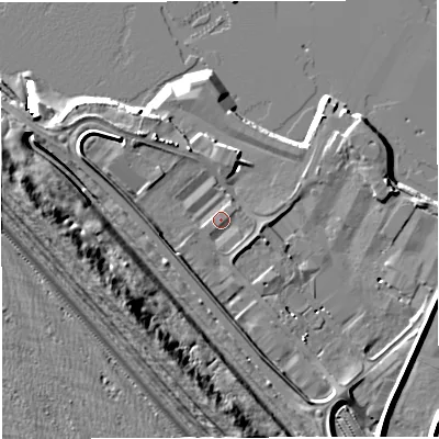 Shaded relief map of the ground around DT51FU, computed from Environment Agency LiDAR. The ground here sits at about 4 m above sea level and falls 15 m across the surrounding 800 m. Surface water reaching this point runs off ground lying to the south, 2.2 m higher.