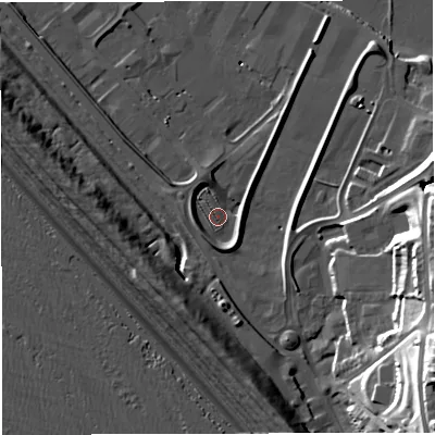 Shaded relief map of the ground around DT51GE, computed from Environment Agency LiDAR. The ground here sits at about 3 m above sea level and falls 30 m across the surrounding 800 m. Surface water reaching this point runs off ground lying to the south, 3.3 m higher.