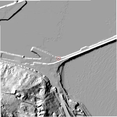 Shaded relief map of the ground around DT51PA, computed from Environment Agency LiDAR. The ground here sits at about 3 m above sea level and falls 121 m across the surrounding 800 m. Surface water reaching this point runs off ground lying to the east-north-east, 10.5 m higher.