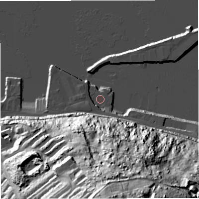 Shaded relief map of the ground around DT51PB, computed from Environment Agency LiDAR. The ground here sits at about 2 m above sea level and falls 87 m across the surrounding 800 m. Surface water reaching this point runs off ground lying to the south, 83.0 m higher.