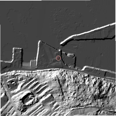 Shaded relief map of the ground around DT51PP, computed from Environment Agency LiDAR. The ground here sits at about 4 m above sea level and falls 84 m across the surrounding 800 m. Surface water reaching this point runs off ground lying to the south, 0.7 m higher.
