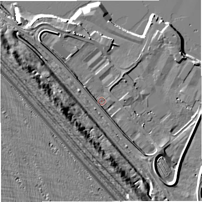 Shaded relief map of the ground around DT51PY, computed from Environment Agency LiDAR. The ground here sits at about 4 m above sea level and falls 15 m across the surrounding 800 m. Surface water reaching this point runs off ground lying to the south-south-east, 2.1 m higher.