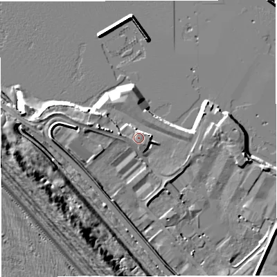 Shaded relief map of the ground around DT51SA, computed from Environment Agency LiDAR. The ground here sits at about 4 m above sea level and falls 15 m across the surrounding 800 m. Surface water reaching this point runs off ground lying to the west-north-west, 1.8 m higher.