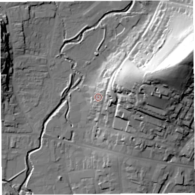 Shaded relief map of the ground around DT63AB, computed from Environment Agency LiDAR. The ground here sits at about 14 m above sea level and falls 61 m across the surrounding 800 m. Surface water reaching this point runs off ground lying to the east, 11.7 m higher.