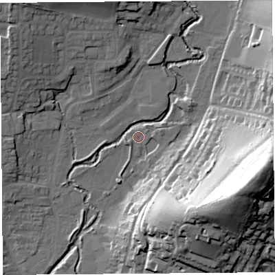 Shaded relief map of the ground around DT63AH, computed from Environment Agency LiDAR. The ground here sits at about 9 m above sea level and falls 60 m across the surrounding 800 m. Surface water reaching this point runs off ground lying to the east-south-east, 56.5 m higher.