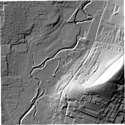 Shaded relief map of the ground around DT63AL, computed from Environment Agency LiDAR. The ground here sits at about 10 m above sea level and falls 60 m across the surrounding 800 m. Surface water reaching this point runs off ground lying to the east-south-east, 56.5 m higher.