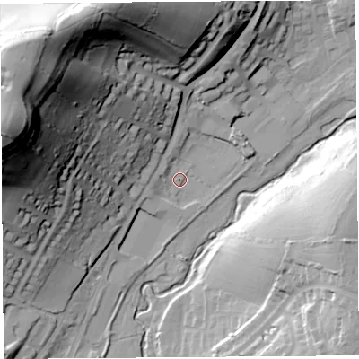 Shaded relief map of the ground around DT63AP, computed from Environment Agency LiDAR. The ground here sits at about 13 m above sea level and falls 82 m across the surrounding 800 m. Surface water reaching this point runs off ground lying to the west-north-west, 76.5 m higher.