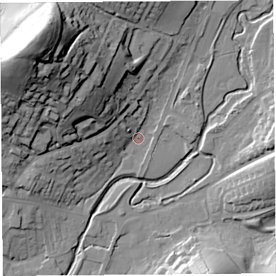 Shaded relief map of the ground around DT63BD, computed from Environment Agency LiDAR. The ground here sits at about 9 m above sea level and falls 60 m across the surrounding 800 m. Surface water reaching this point runs off ground lying to the north-west, 47.5 m higher.