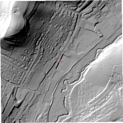 Shaded relief map of the ground around DT63DJ, computed from Environment Agency LiDAR. The ground here sits at about 12 m above sea level and falls 82 m across the surrounding 800 m. Surface water reaching this point runs off ground lying to the north-west, 79.4 m higher.
