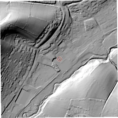 Shaded relief map of the ground around DT63EX, computed from Environment Agency LiDAR. The ground here sits at about 14 m above sea level and falls 62 m across the surrounding 800 m. Surface water reaching this point runs off ground lying to the north, 15.2 m higher.