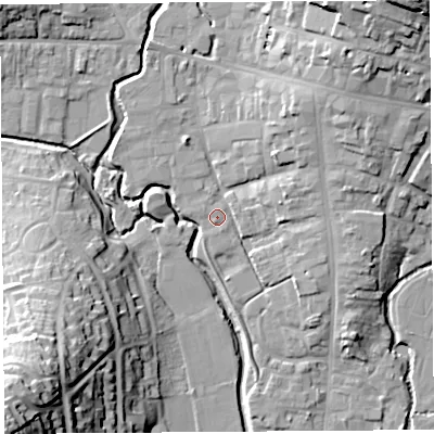 Shaded relief map of the ground around DT63FL, computed from Environment Agency LiDAR. The ground here sits at about 7 m above sea level and falls 42 m across the surrounding 800 m. Surface water reaching this point runs off ground lying to the north-east, 24.4 m higher.