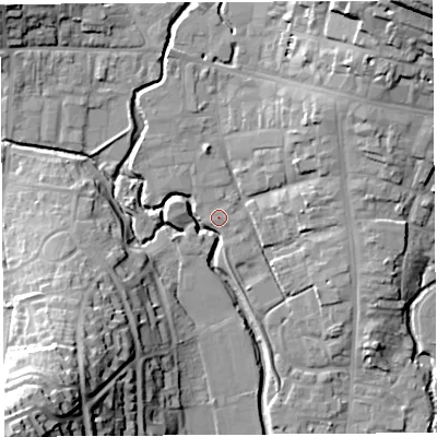 Shaded relief map of the ground around DT63FN, computed from Environment Agency LiDAR. The ground here sits at about 7 m above sea level and falls 43 m across the surrounding 800 m. Surface water reaching this point runs off ground lying to the north-east, 0.6 m higher.