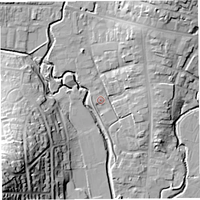 Shaded relief map of the ground around DT63FP, computed from Environment Agency LiDAR. The ground here sits at about 7 m above sea level and falls 41 m across the surrounding 800 m. Surface water reaching this point runs off ground lying to the west-north-west, 1.4 m higher.