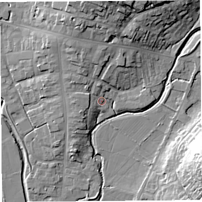 Shaded relief map of the ground around DT63FR, computed from Environment Agency LiDAR. The ground here sits at about 9 m above sea level and falls 27 m across the surrounding 800 m. Surface water reaching this point runs off ground lying to the north-north-west, 8.5 m higher.