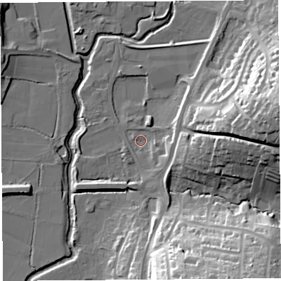 Shaded relief map of the ground around DT63FZ, computed from Environment Agency LiDAR. The ground here sits at about 5 m above sea level and falls 36 m across the surrounding 800 m. Surface water reaching this point runs off ground lying to the east, 5.5 m higher.