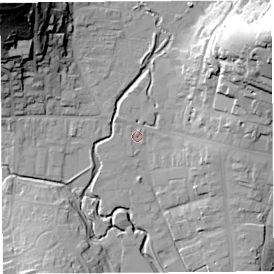 Shaded relief map of the ground around DT63GY, computed from Environment Agency LiDAR. The ground here sits at about 7 m above sea level and falls 68 m across the surrounding 800 m. Surface water reaching this point runs off ground lying to the east-north-east, 30.3 m higher.