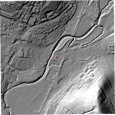 Shaded relief map of the ground around DT63HA, computed from Environment Agency LiDAR. The ground here sits at about 8 m above sea level and falls 77 m across the surrounding 800 m. Surface water reaching this point runs off ground lying to the north-north-east, 2.3 m higher.