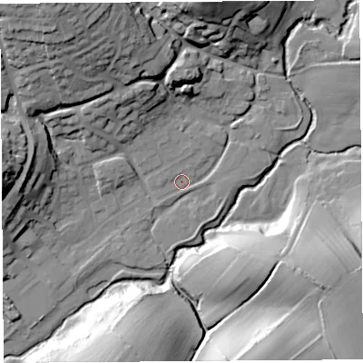 Shaded relief map of the ground around DT63HD, computed from Environment Agency LiDAR. The ground here sits at about 14 m above sea level and falls 36 m across the surrounding 800 m. Surface water reaching this point runs off ground lying to the north, 29.1 m higher.