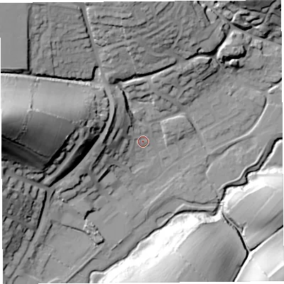Shaded relief map of the ground around DT63HF, computed from Environment Agency LiDAR. The ground here sits at about 16 m above sea level and falls 60 m across the surrounding 800 m. Surface water reaching this point runs off ground lying to the west-north-west, 14.4 m higher.