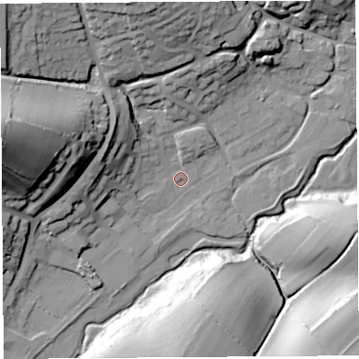 Shaded relief map of the ground around DT63HG, computed from Environment Agency LiDAR. The ground here sits at about 14 m above sea level and falls 53 m across the surrounding 800 m. Surface water reaching this point runs off ground lying to the west-north-west, 50.4 m higher.