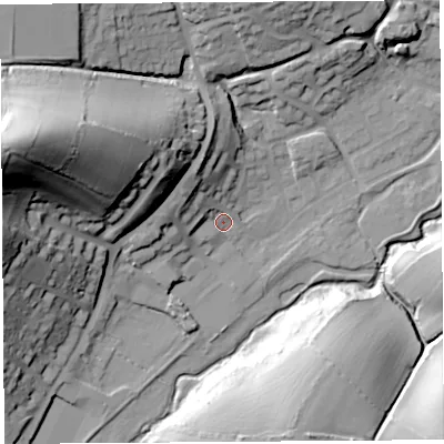 Shaded relief map of the ground around DT63HH, computed from Environment Agency LiDAR. The ground here sits at about 15 m above sea level and falls 62 m across the surrounding 800 m. Surface water reaching this point runs off ground lying to the north-west, 12.6 m higher.