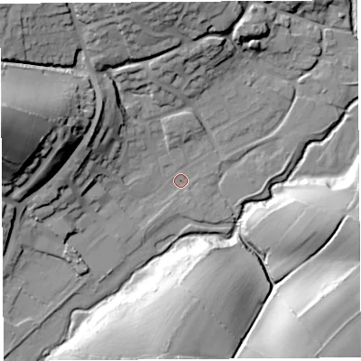 Shaded relief map of the ground around DT63HJ, computed from Environment Agency LiDAR. The ground here sits at about 13 m above sea level and falls 49 m across the surrounding 800 m. Surface water reaching this point runs off ground lying to the west-north-west, 46.3 m higher.