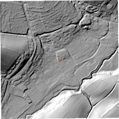 Shaded relief map of the ground around DT63HL, computed from Environment Agency LiDAR. The ground here sits at about 16 m above sea level and falls 51 m across the surrounding 800 m. Surface water reaching this point runs off ground lying to the west, 47.1 m higher.