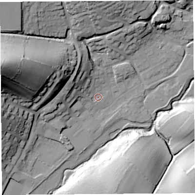 Shaded relief map of the ground around DT63HQ, computed from Environment Agency LiDAR. The ground here sits at about 14 m above sea level and falls 61 m across the surrounding 800 m. Surface water reaching this point runs off ground lying to the north-west, 15.5 m higher.