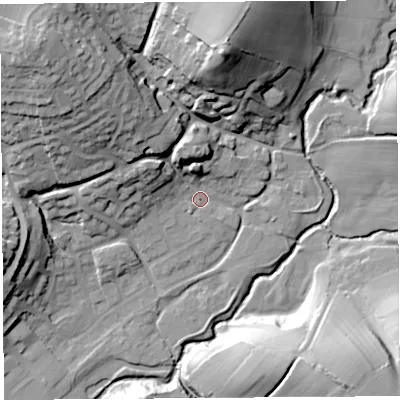 Shaded relief map of the ground around DT63HS, computed from Environment Agency LiDAR. The ground here sits at about 16 m above sea level and falls 39 m across the surrounding 800 m. Surface water reaching this point runs off ground lying to the north-west, 19.2 m higher.